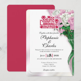 Pink Rose Wedding Invitation - Red Lettering 3 招待状