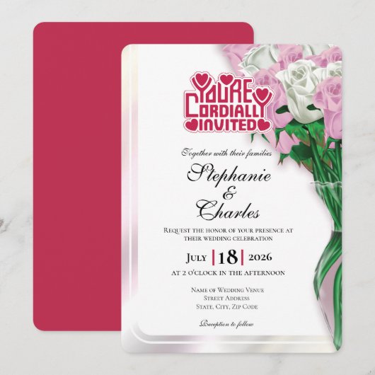 Pink Rose Wedding Invitation - Red Lettering 3 招待状 (正面/裏面)