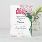 Pink Rose Wedding Invitation - Red Lettering 3 招待状 (スタンド正面)