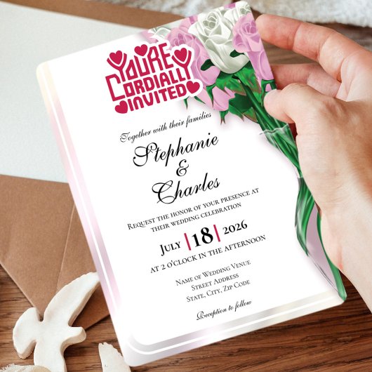 Pink Rose Wedding Invitation - Red Lettering 4 招待状
