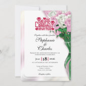 Pink Rose Wedding Invitation - Red Lettering 4 招待状 (正面)