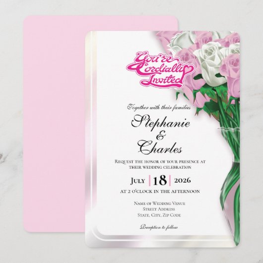 Pink Rose Wedding Invite - Pink Heading #1 招待状 (正面/裏面)