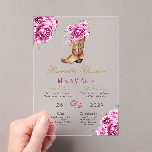 Pink rose with boot Quinceañera Invitation アクリル招待状 (インサイチュ (ポータブル))