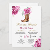 Pink rose with boot Quinceañera Invitation 招待状 (正面/裏面)