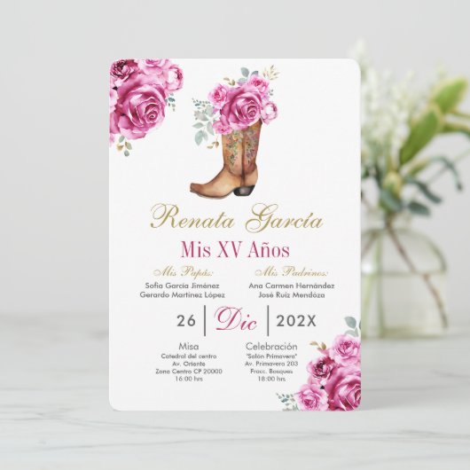 Pink rose with boot Quinceañera Invitation 招待状 (スタンド正面)