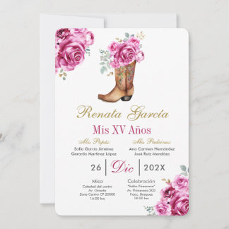 Pink rose with boot Quinceañera Invitation 招待状