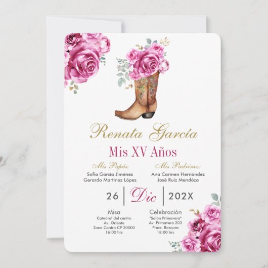 Pink rose with boot Quinceañera Invitation 招待状 (正面)