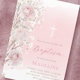 pink roses and baby's breath | Baptism baby girl  招待状