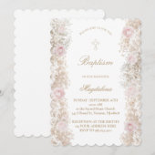 Pink roses and Baby's Breath flowers Baptism 招待状 (正面/裏面)