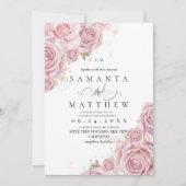 Pink Roses and Gold Dusty Elegant Flower Wedding 招待状 (正面)