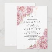 Pink Roses and Gold Dusty Elegant Flower Wedding 招待状 (正面/裏面)