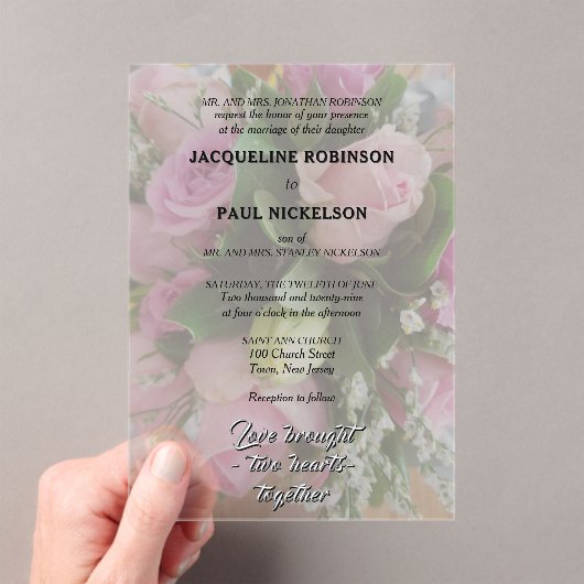 Pink Roses Bouquet Bride and Groom Photo アクリル招待状 (インサイチュ (ポータブル))