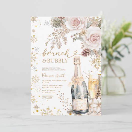 Pink Roses Brunch Bubbly Champagne Bridal Shower 招待状 (スタンド正面)