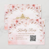 Pink Roses Butterfly Quinceañera Crown QR Rsvp サンキューカード (正面/裏面)