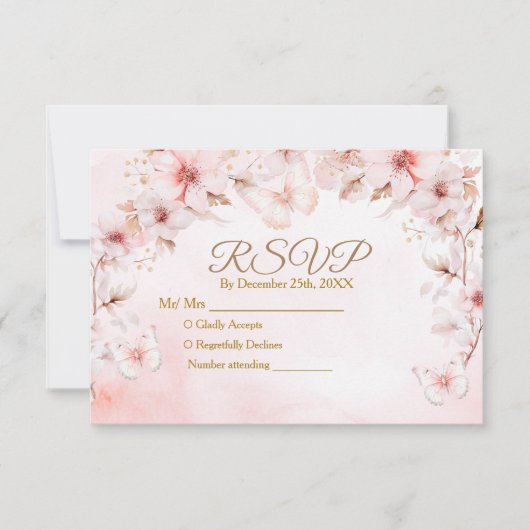 Pink Roses Butterfly Quinceañera Crown Rsvp Card サンキューカード (正面)
