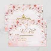 Pink Roses Butterfly Quinceañera Crown Rsvp Card サンキューカード (正面/裏面)