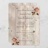 Pink Roses Cream White Wood Wedding 招待状 (正面/裏面)