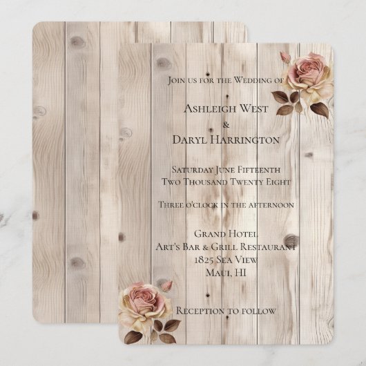 Pink Roses Cream White Wood Wedding 招待状 (正面/裏面)
