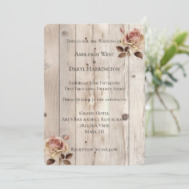 Pink Roses Cream White Wood Wedding 招待状