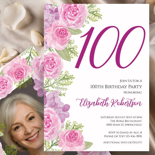 Pink Roses Custom Photo Template 100th Birthday 招待状