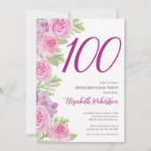 Pink Roses Custom Photo Template 100th Birthday 招待状 (正面)