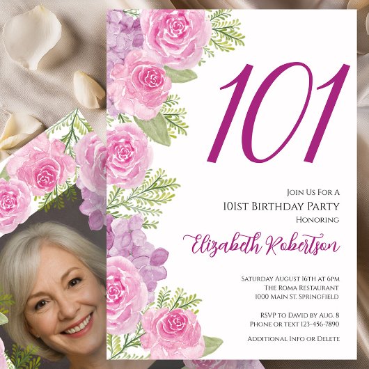 Pink Roses Custom Photo Template 101st Birthday 招待状