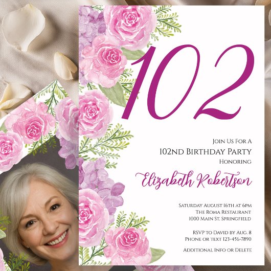 Pink Roses Custom Photo Template 102nd Birthday 招待状