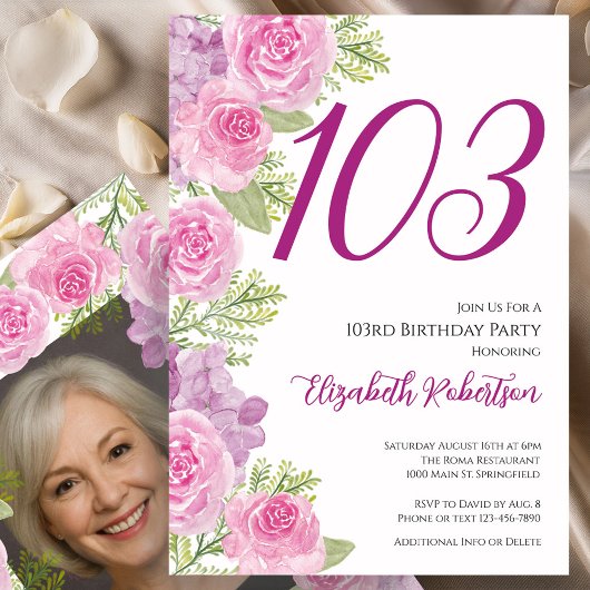 Pink Roses Custom Photo Template 103rd Birthday 招待状