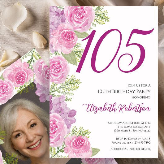 Pink Roses Custom Photo Template 105th Birthday 招待状