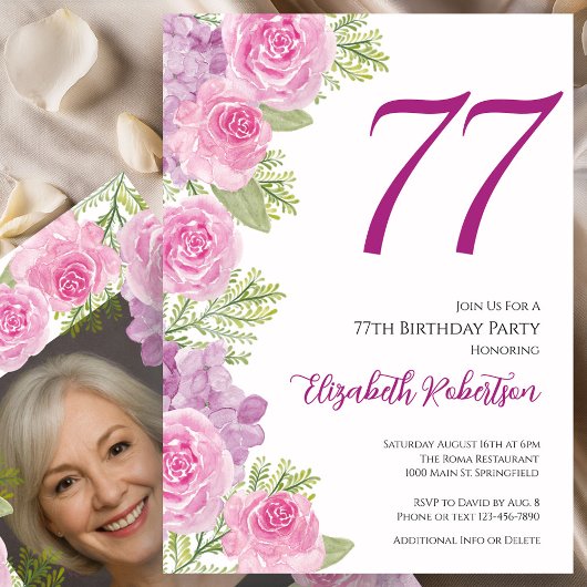 Pink Roses Custom Photo Template 77th Birthday 招待状