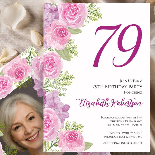 Pink Roses Custom Photo Template 79th Birthday 招待状