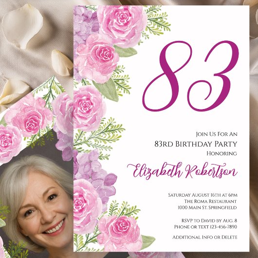 Pink Roses Custom Photo Template 83rd Birthday 招待状