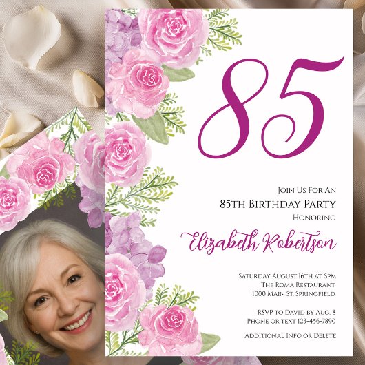 Pink Roses Custom Photo Template 85th Birthday 招待状