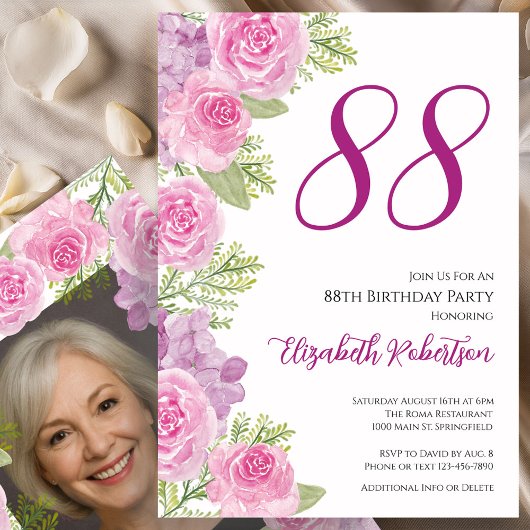 Pink Roses Custom Photo Template 88th Birthday 招待状