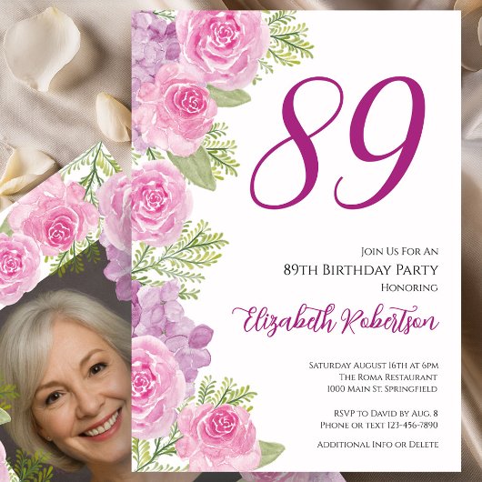 Pink Roses Custom Photo Template 89th Birthday 招待状