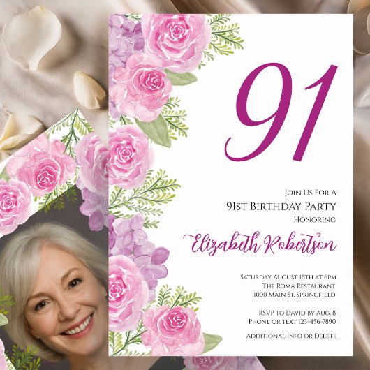 Pink Roses Custom Photo Template 91st Birthday 招待状