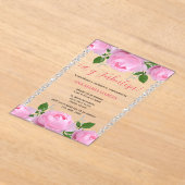 Pink Roses & Diamonds 40th Birthday Spanish アクリル招待状 (レイダウン)