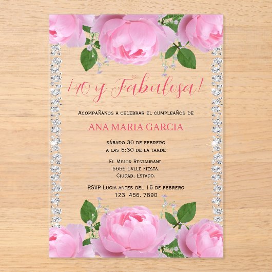 Pink Roses & Diamonds 40th Birthday Spanish アクリル招待状 (正面)