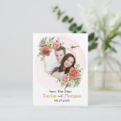 Pink Roses & Dragonfly Photo Save the Date ポストカード (スタンド正面)