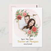 Pink Roses & Dragonfly Photo Save the Date ポストカード (正面/裏面)