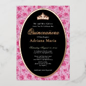 Pink Roses Elegant Rose Gold Floral Quinceanera   箔招待状 (正面)