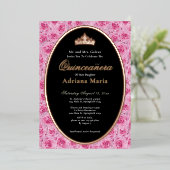 Pink Roses Elegant Rose Gold Floral Quinceanera   箔招待状 (立ち正面)