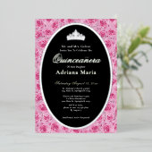 Pink Roses Elegant Silver Floral Quinceanera 箔招待状 (立ち正面)