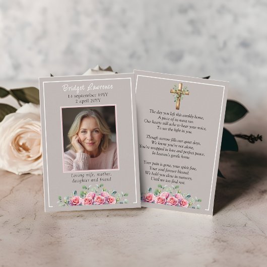 Pink Roses & Eucalyptus Memorial Photo Prayer Card 名刺