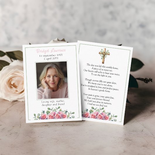 Pink Roses & Eucalyptus Memorial Photo Prayer Card 名刺