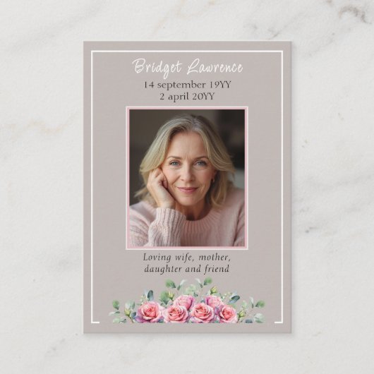 Pink Roses & Eucalyptus Memorial Photo Prayer Card 名刺 (正面)