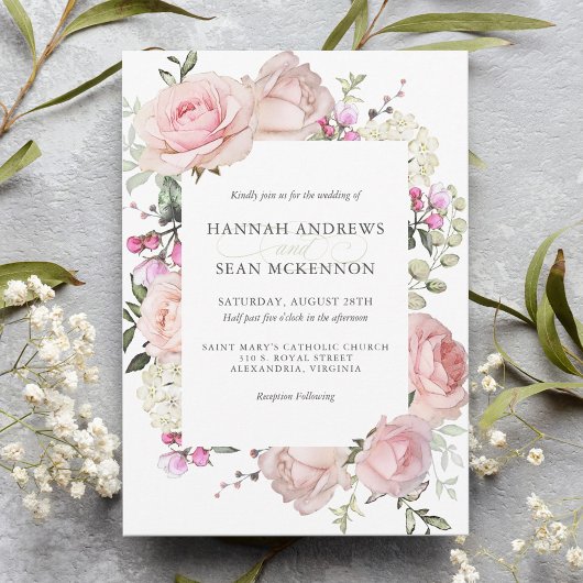 Pink Roses Feminine Floral Wedding Invitation 招待状