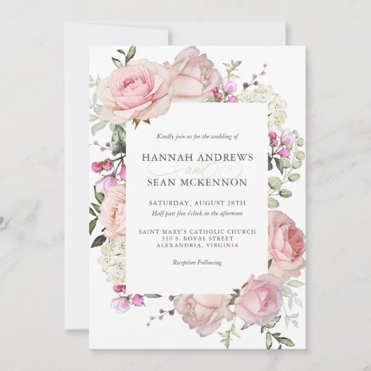 Pink Roses Feminine Floral Wedding Invitation 招待状 (正面)