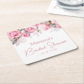 Pink Roses Floral スクエアペーパーコースター (アングル)