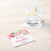 Pink Roses Floral Birthday スクエアペーパーコースター (インサイチュ)